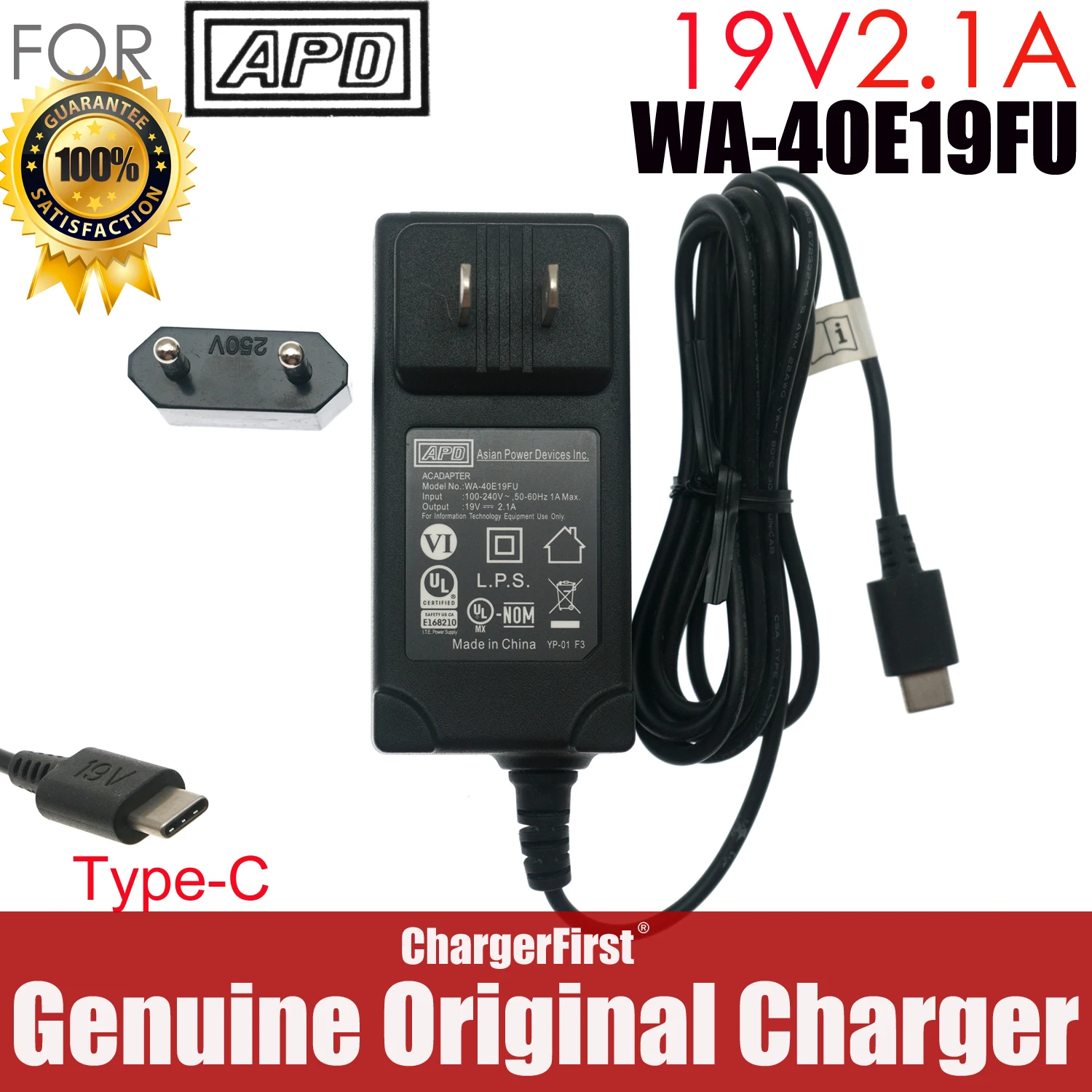Genuine APD WA-40E19FU 19V 2.1A 40W USB-C AC Adapter for Pokini E11 TERRA Mobile 360-11 V2 V3 V4 ACEMAGIC AX15 TypeC