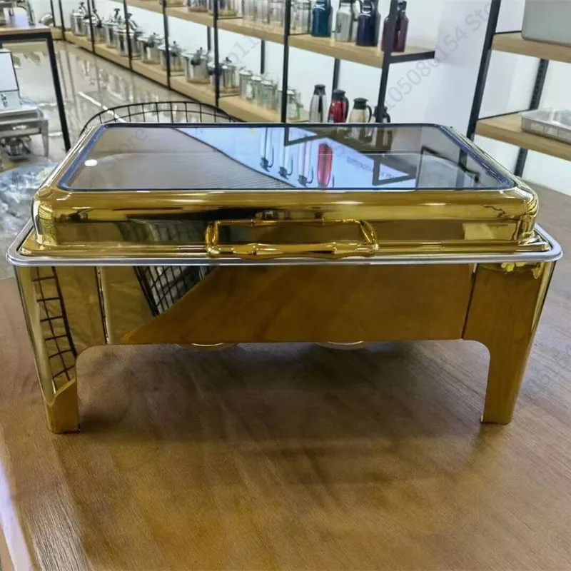 Stainless steel electric heating buffet stove hotel tableware rectangular visual breakfast stove insulation pot gold plated