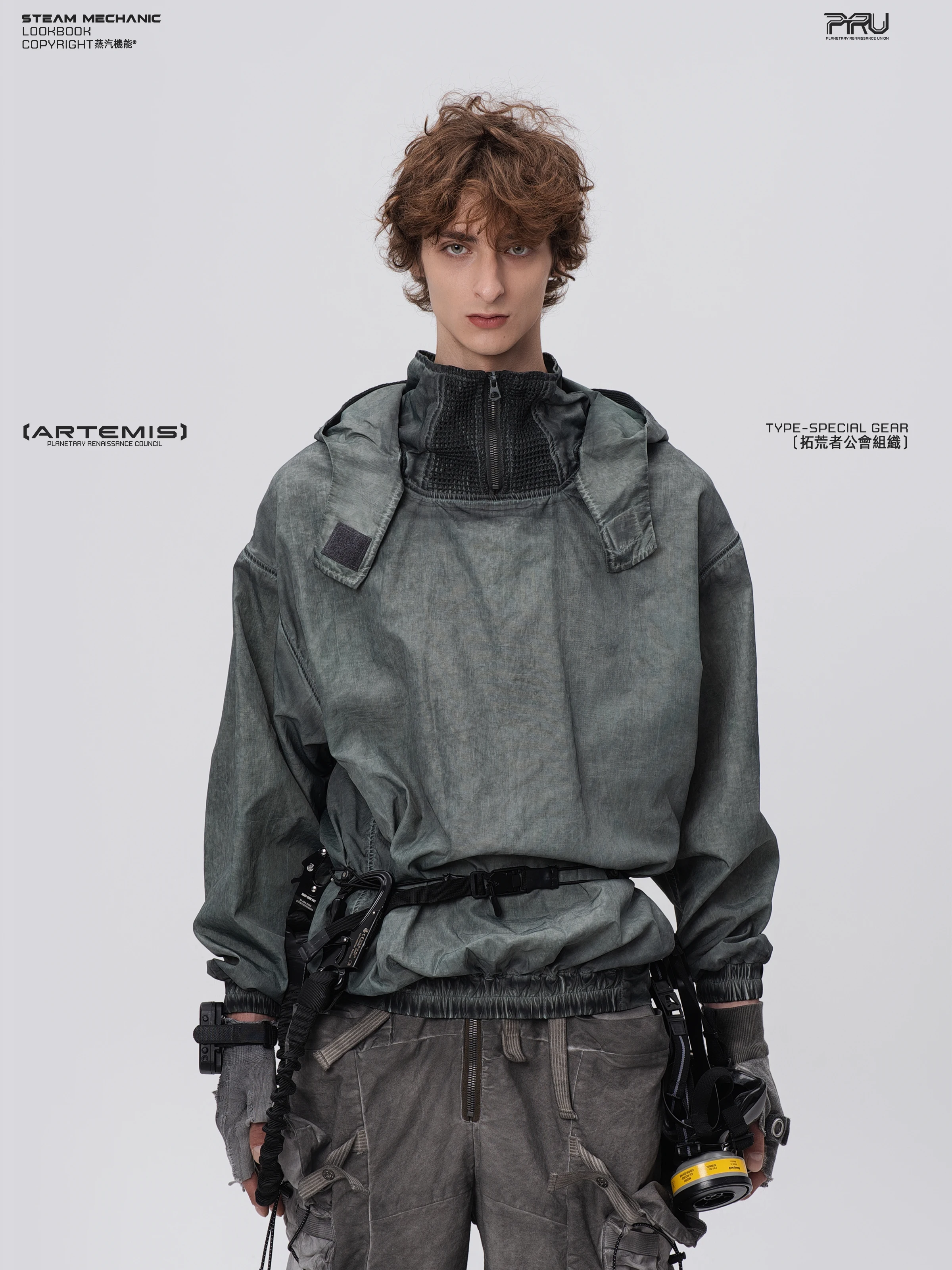 STEAM 25AW Water-washed distressed cyberpunk Wasteland Punk Futurism Fashion streetwear workwear detachable hooded sweatshirt