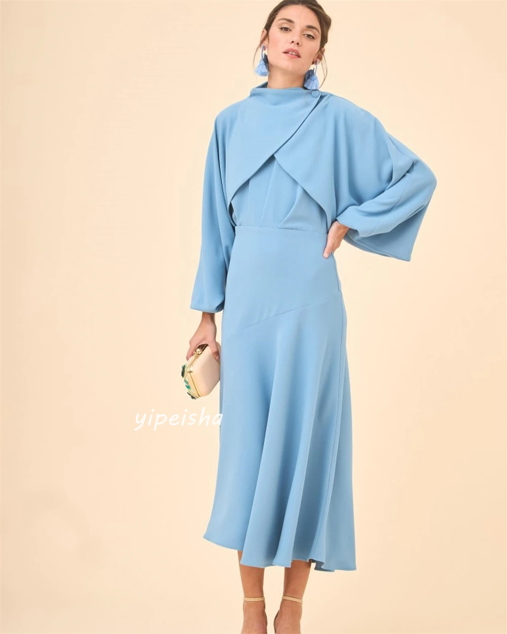 Customized Evening Jersey Draped Pleat Ruched Party A-line High Collar Bespoke Occasion Gown Midi Dresses Saudi Arabia