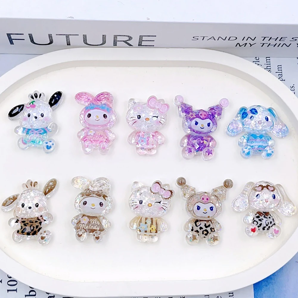 20 buah Aksesori kuku Sanrio payet Glitter kartun gambar cetak macan tutul Hello Kitty Kuromi Cinnamoroll Diy stiker seni kuku