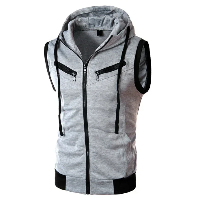 Summer Men Hooded Sleeveless Coat Male Slim Grey Waistcoat Plus Size Vest 4xl Boys Casual Sportswear Man Zipper Vest Outerwear