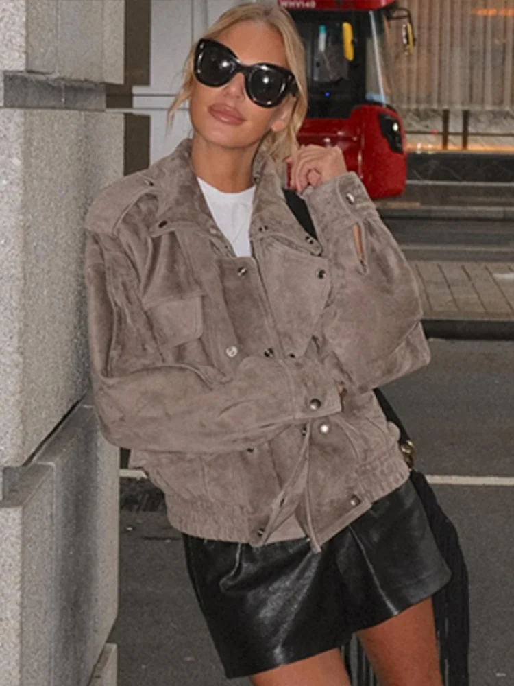 Urban High Street Women Suede Jacket Casual Autumn Double Breasted Pockets
