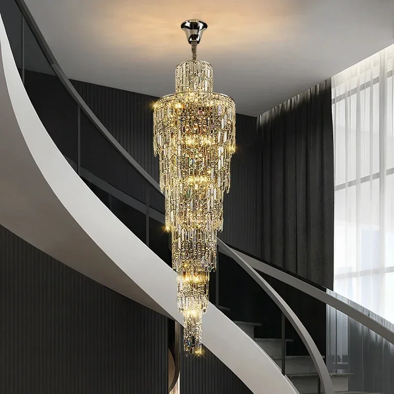 

Villa Living Room Crystal Chandelier Hotel Hall Luxury Lighting for Duplex Floor Rotating Staircase Long Chandelier Decoration