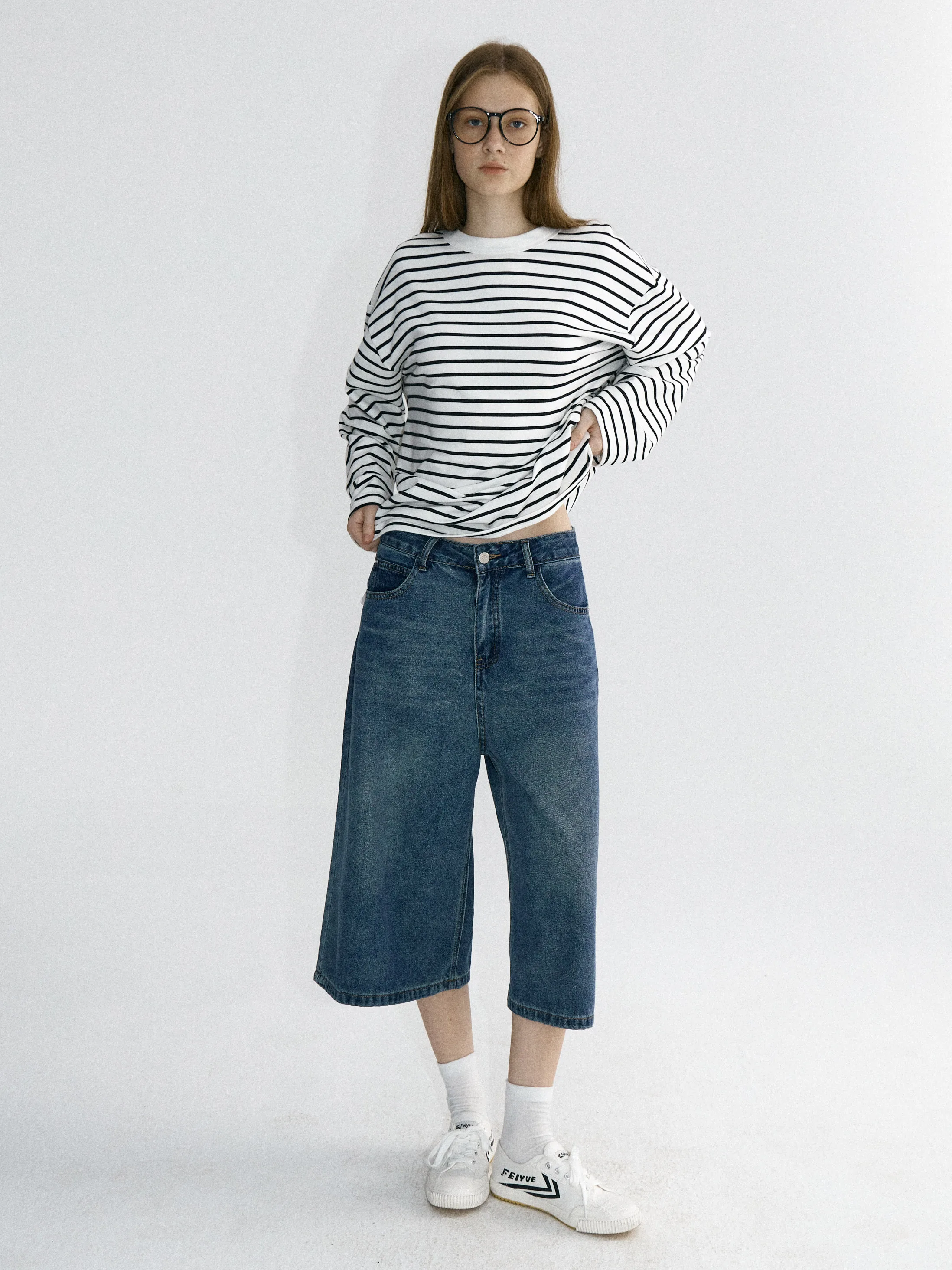 

Свободная женская футболка с длинным рукавом в полоску, повседневный летний топ из смесового хлопка и полиэстера, средней длины, с круглым вырезом