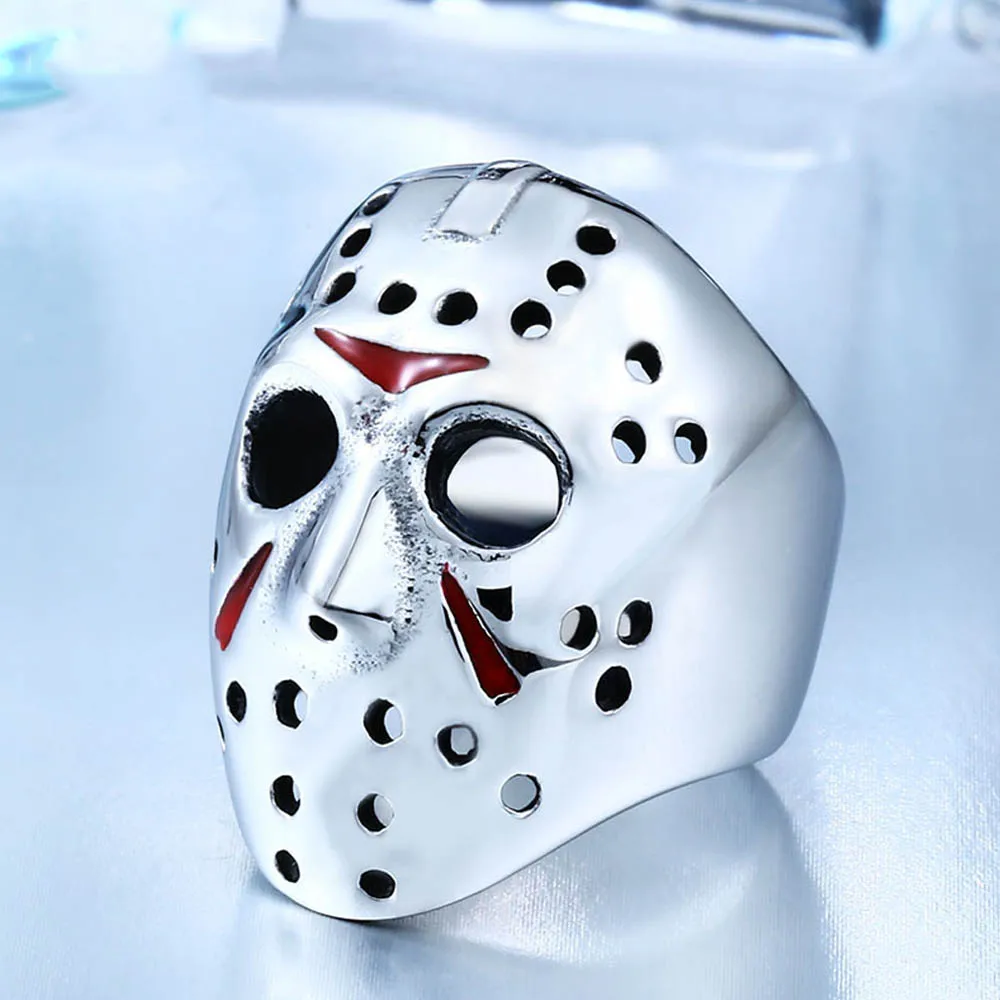 

Punk Hip-hop Video Overbearing Stainless Steel Jason Mask Ring Men Boys Fashion Personality Drop Glue Men Ring Jewelry Wholesale