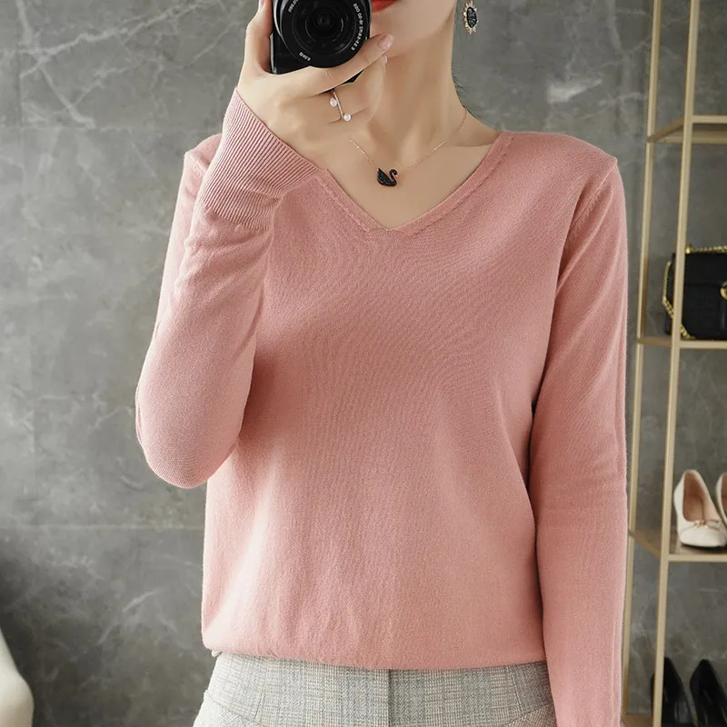 Women Sweater 2024 Spring Autumn Warm Winter Slim Fit Bottoming Shirt V-neck Korean Knitted Tops Casual High Strecth Jumpers