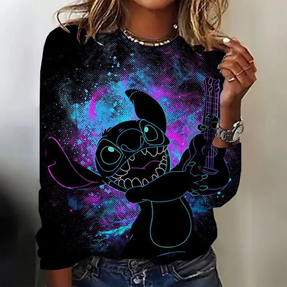 Kawaii Lilo Stitch Print Women\'s T-shirt Women\'s Long Sleeve T-shirt Casual O-Neck Ohana Stitch Disney T-shirt