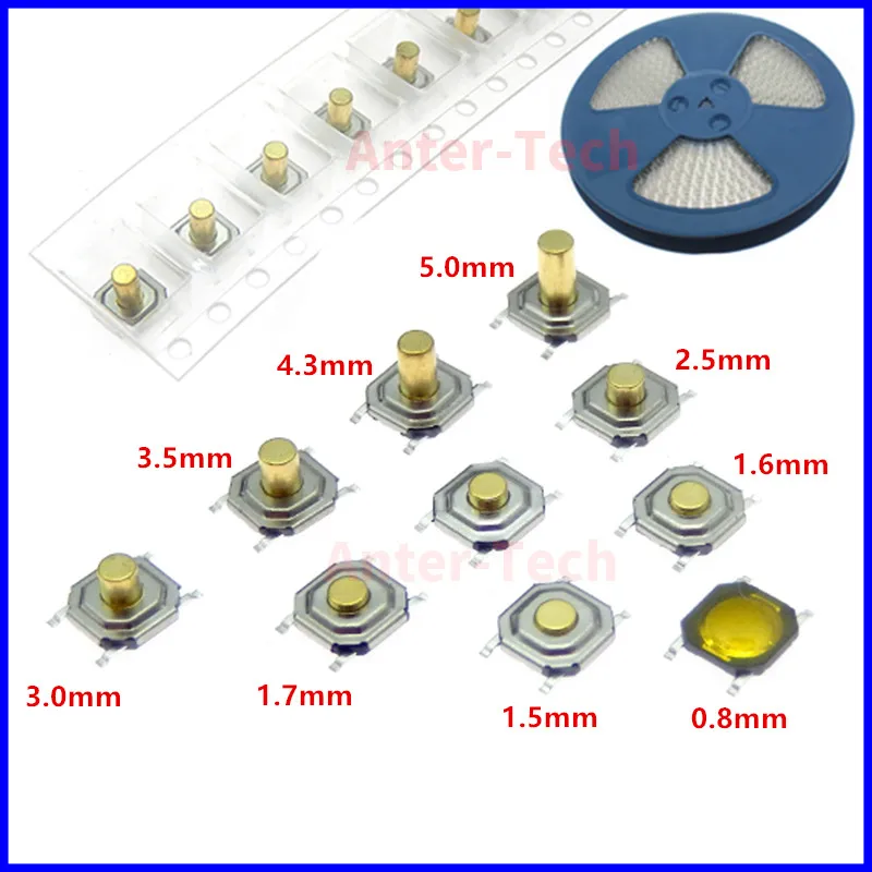 

50PCS 5.2*5.2 High 1.5-6.0 touch tact switch 4 PIN Metal SMD Tactile 12V Micro Push Button Switch copper feet