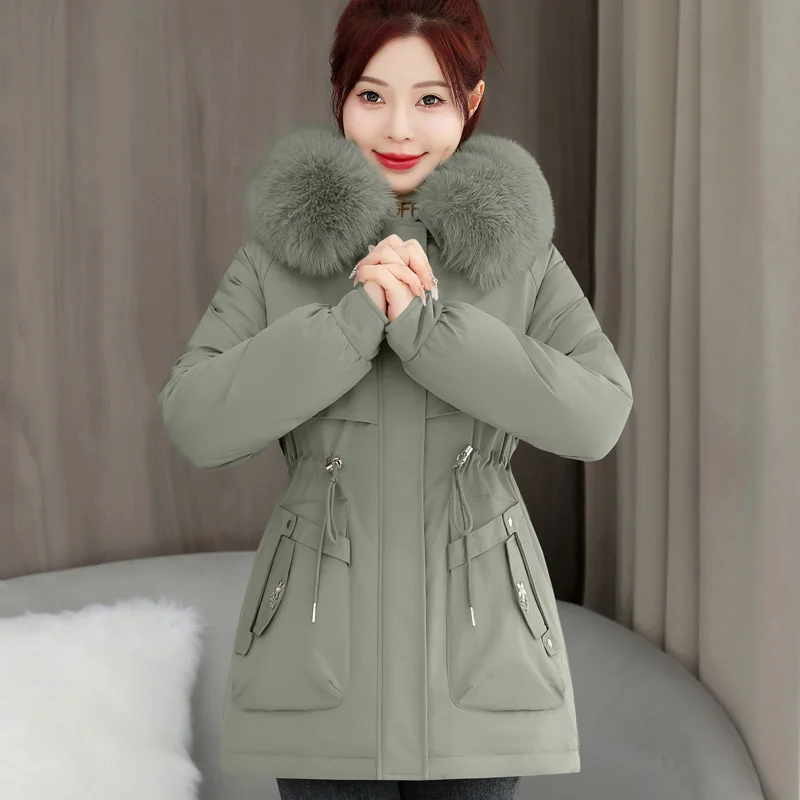 

Coat Hooded Cotton Padded Outerwear Women's Thiened Fce Lined Cotton Jaet Winter Sle Waist Cinched Parka