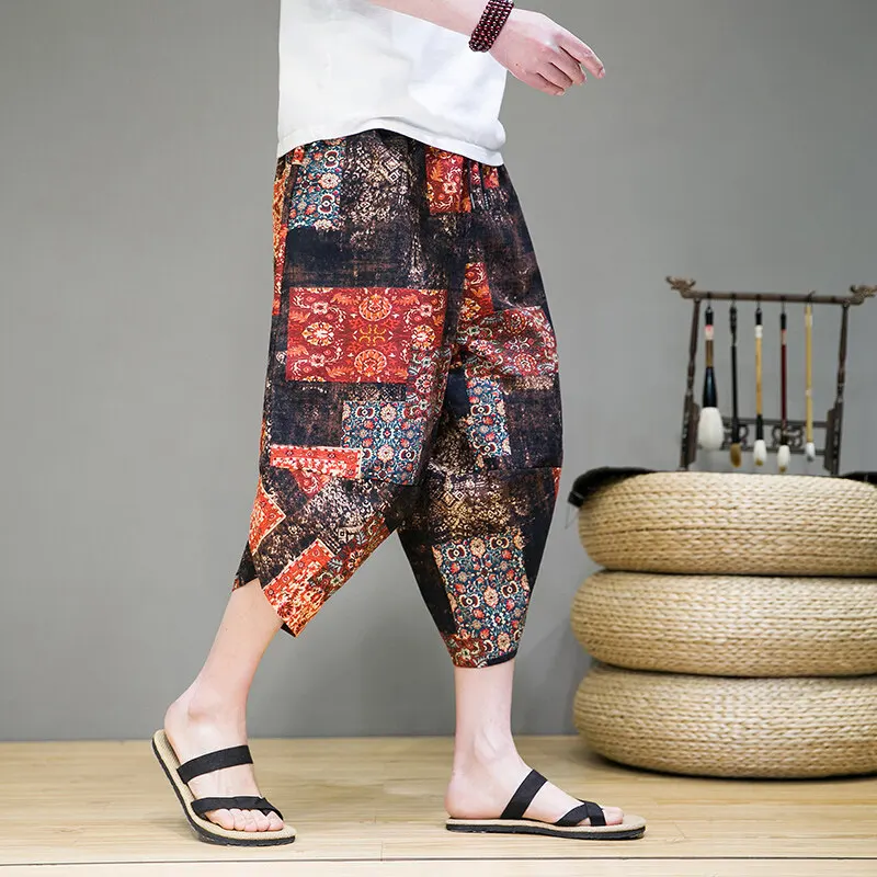 

Мужские шаровары, уличная одежда, свободные повседневные брюки через плечо, мужские широкие брюки в стиле Харадзюку, мужские брюки до икры большого размера