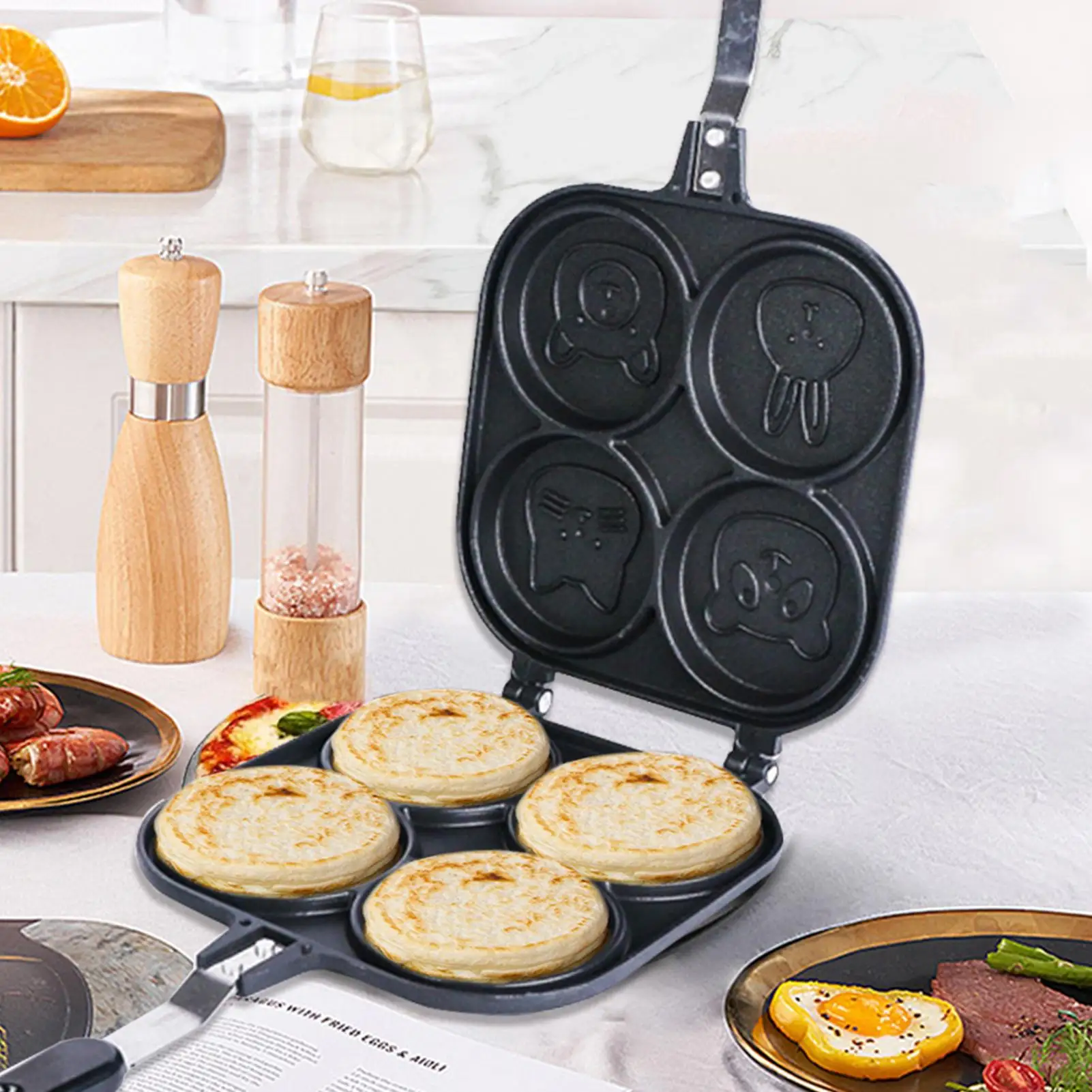 Egg Frying Pan | Double-sided 4 Cup Pan With Lid | Griddle Pan Pancake Pan Nonstick Animal Pancake M