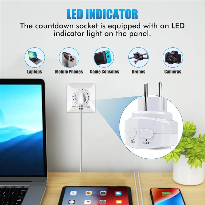 T98C-LED Display Timer Switch Socket, 12 Time Ranges, 2 Button Countdown Function Status For Lighting And Household EU Plug