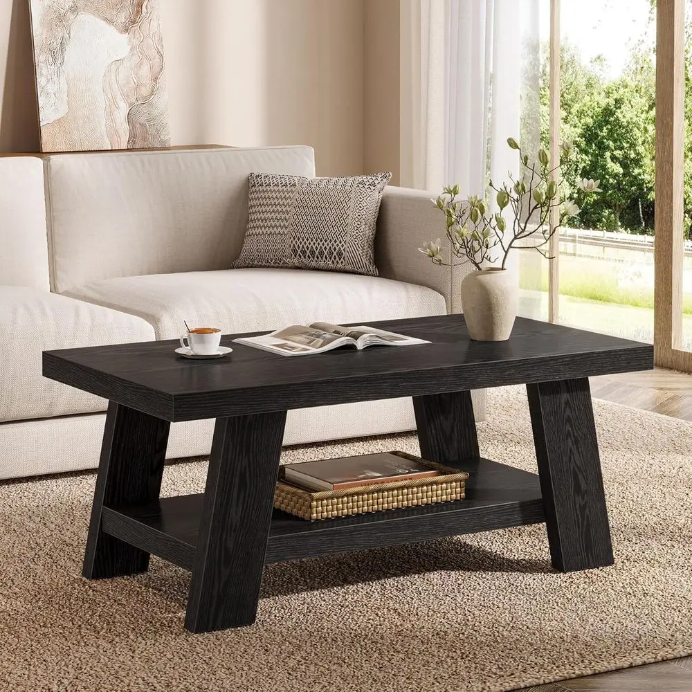 

RecCoee Table, 47-Inch Wood Coee Tables or Living Room, armhouse Long Center Tables with 2-Tier Storage Shelves or Living Room,