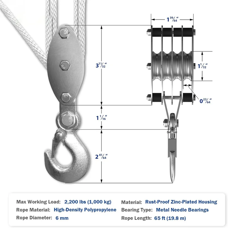 MAKE-Block e sistema di pulegge per attrezzatura, paranco per puleggia a fune a 4 ruote, carico di lavoro da 2200 libbre con corda da 65 piedi di 1/4 di pollice, corda compatta
