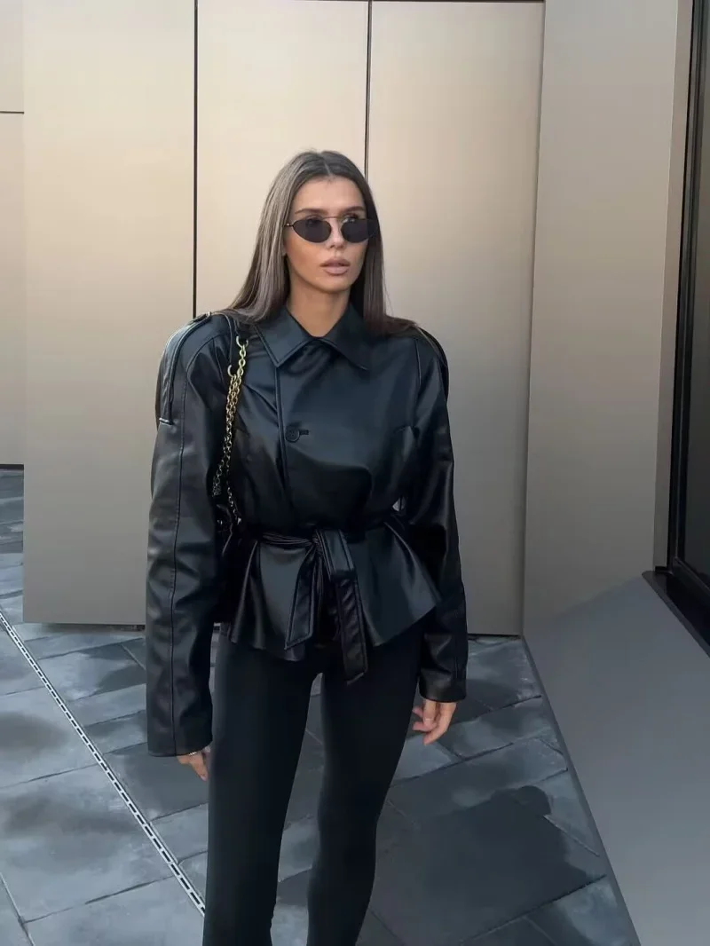 2026 가을 겨울 신상 패션 벨트 가죽 재킷 코트 여성 긴 소매 바람막이 블랙 코트 여성 스트리트웨어 가죽 코트