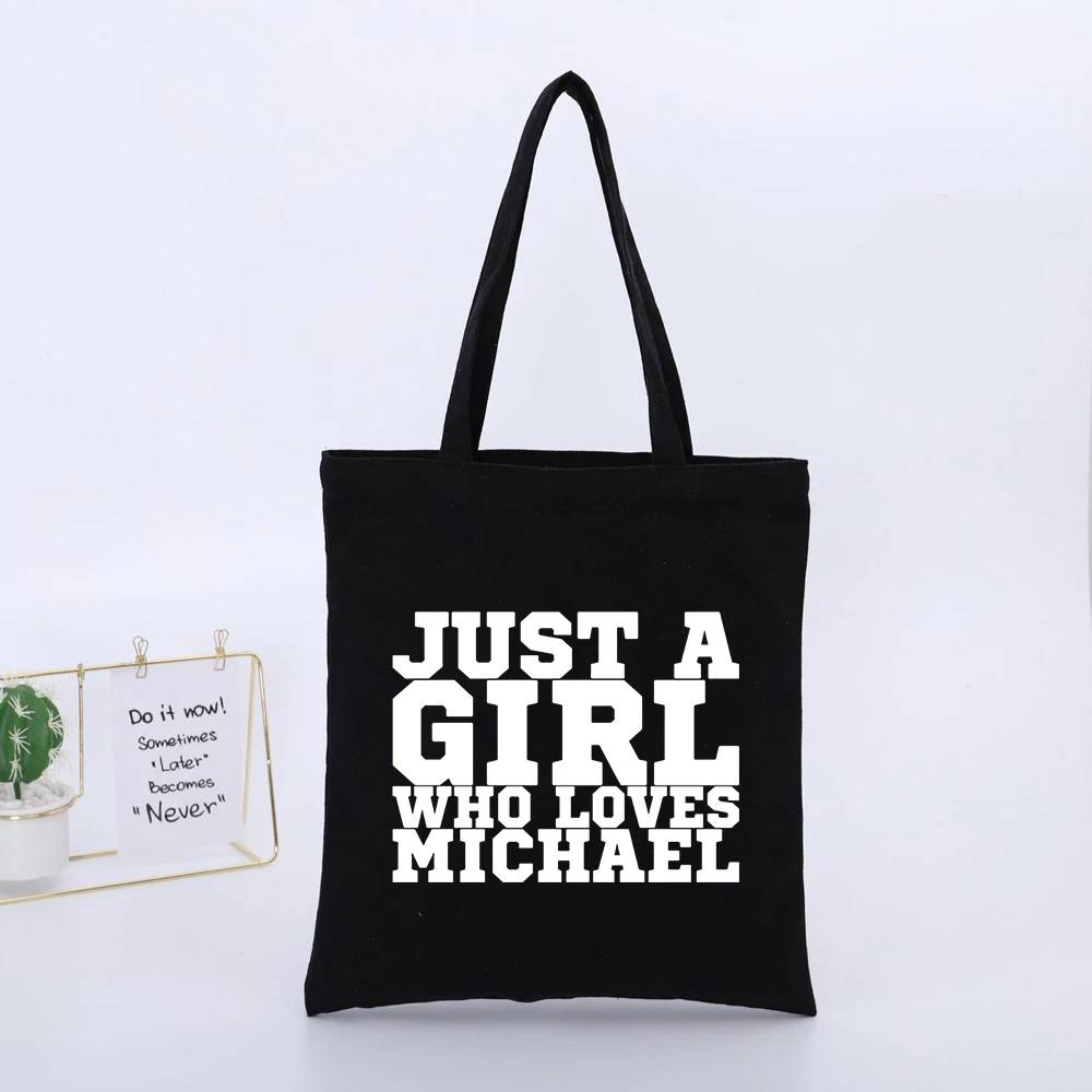 JUST A GIRL WHO LOVES MICHAEL Graphic Canvas Tote Bag, Casual Style for Daily Shopping and Errands