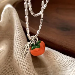 925 Sterling Silver Necklace Cute Persimmon Enamel Chinese Word Good Wish for Women Girl Jewelry Gift Dropshipping Wholesale
