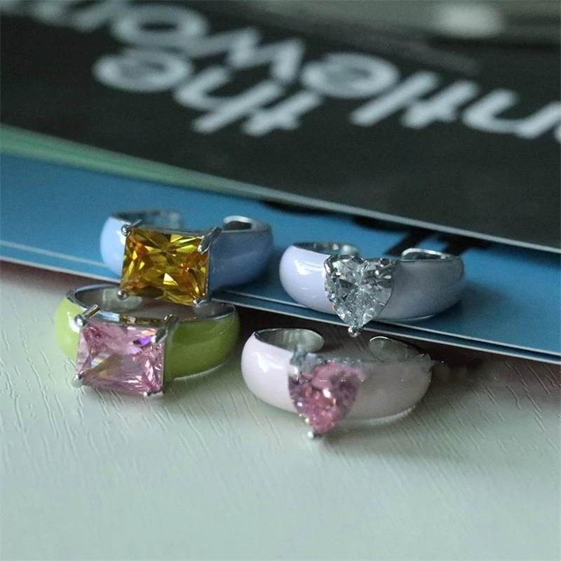 Korean Fashion Bunte Kristall Zirkon Tropfen Öl Herz Offenen Ring Für Frauen Ästhetischen Schmuck Titan Stahl Metall Zubehör