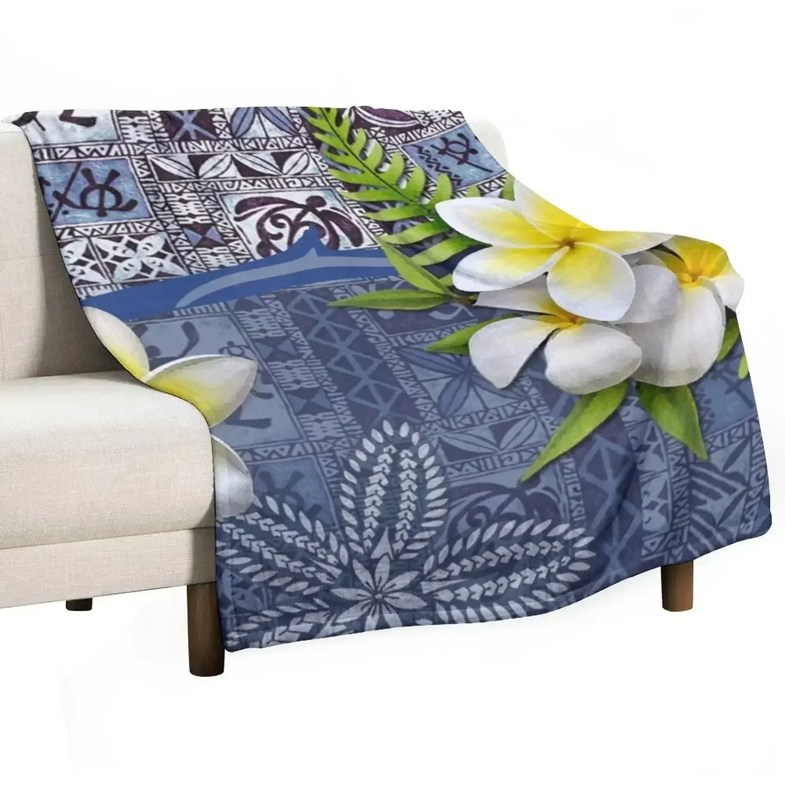 

Blue Hawaiian Tapa and Plumeria Throw Blanket Luxury St Furrys Blankets