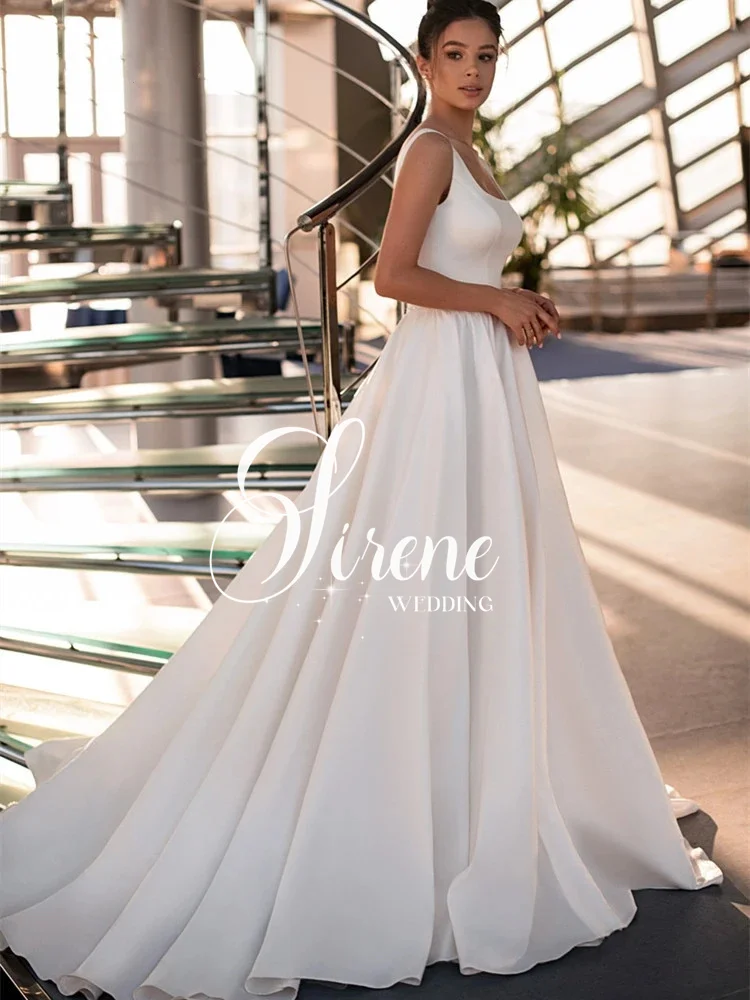 فساتين زفاف بسيطة على شكل حرف a من Sirene من الساتان بياقة مربعة فساتين العروس بطول الأرض بدون أكمام رداء بدون ظهر للحفلات الراقصة حسب الطلب