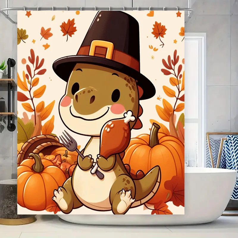 

Thanksgiving Shower Curtain Autumn Leaves Pumpkin Turkey Cartoon Print Bathroom Decoration Waterproof Fabric Neutral