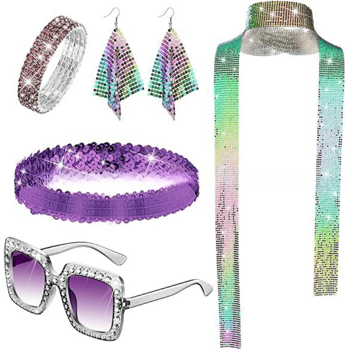 

1970s DISCO Disco Diamond Glasses Bracelet Sequined Earrings Scarf Headwear