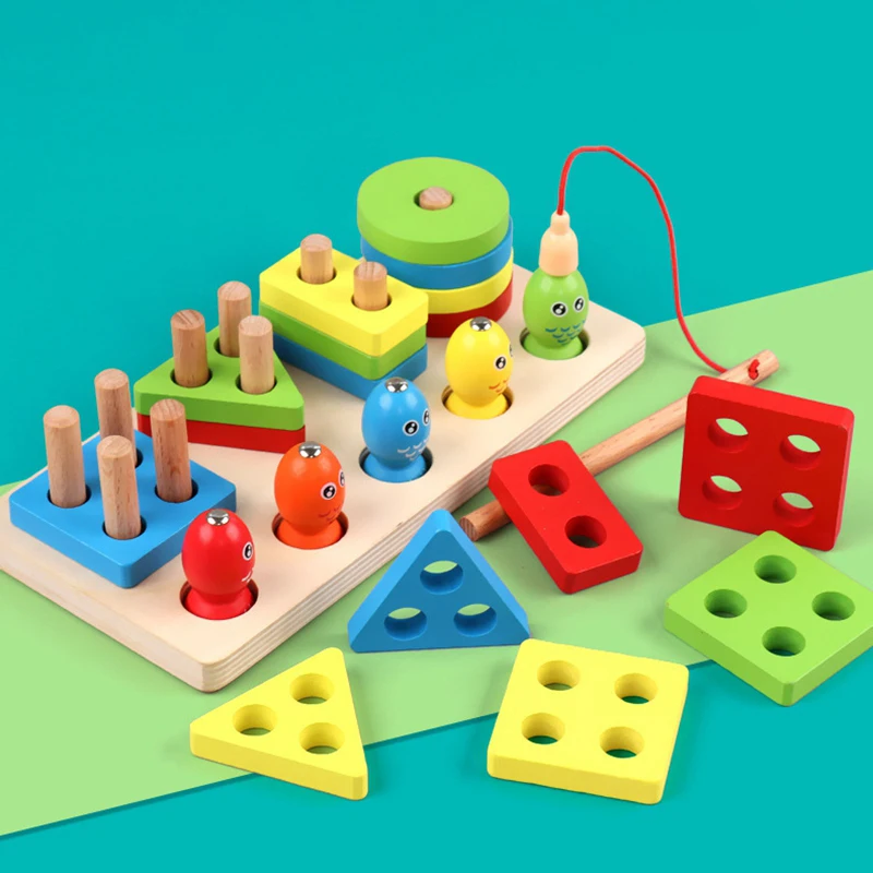 Montessori Wooden Fishing Clip Bee 3 In 1 Pillars Early Education Hand Eye Coordination Color Recognition Interactive Baby Toys