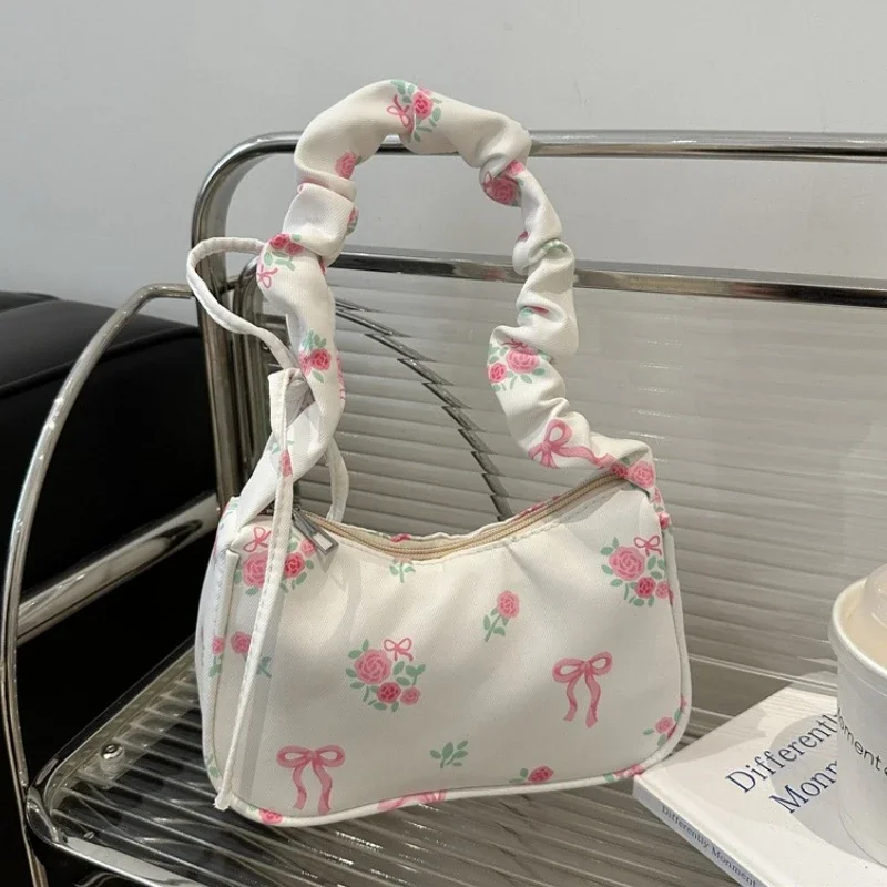 

Women's Bags 2025 Summer Canvas Pleated Handbags Armpit Bag Korean Floral Bow Printed Zipper Tote Bag Female Small Shoulder Bag
