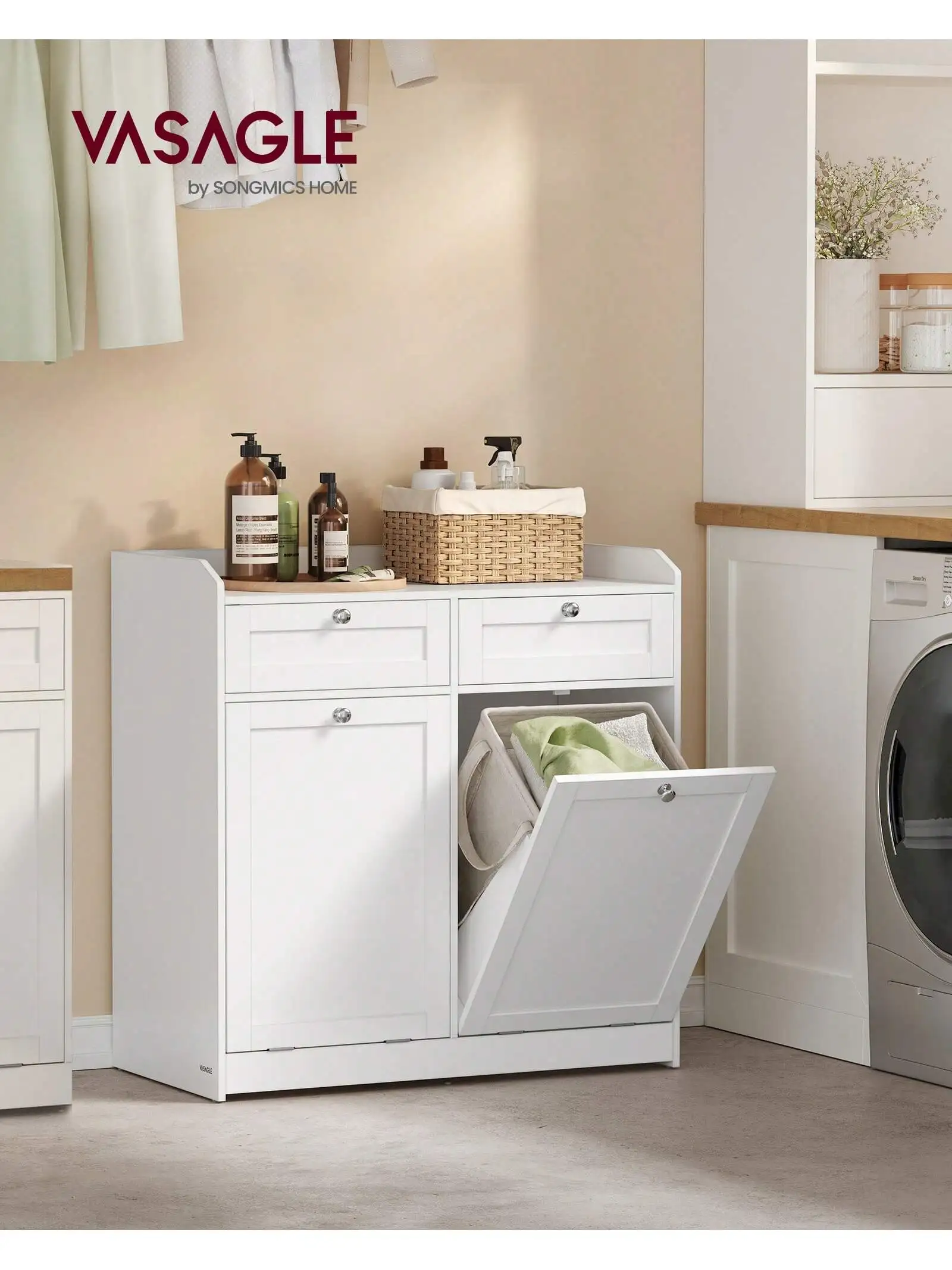 VASAGLE Mobile da bagno con 2 cestini per la biancheria, 2 cassetti, 2 cestini, cestini rimovibili, 40x40x80,2 cm, bianco nuvola