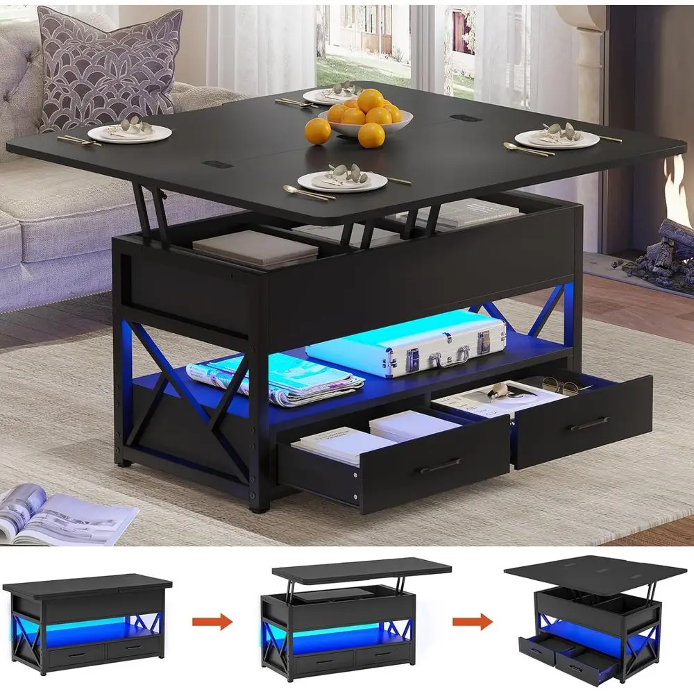 40 LED-lit Coffee Table with Storage, 4-in-1 Design for Living & Dining Rooms, Compact with 2 Drawers, Black