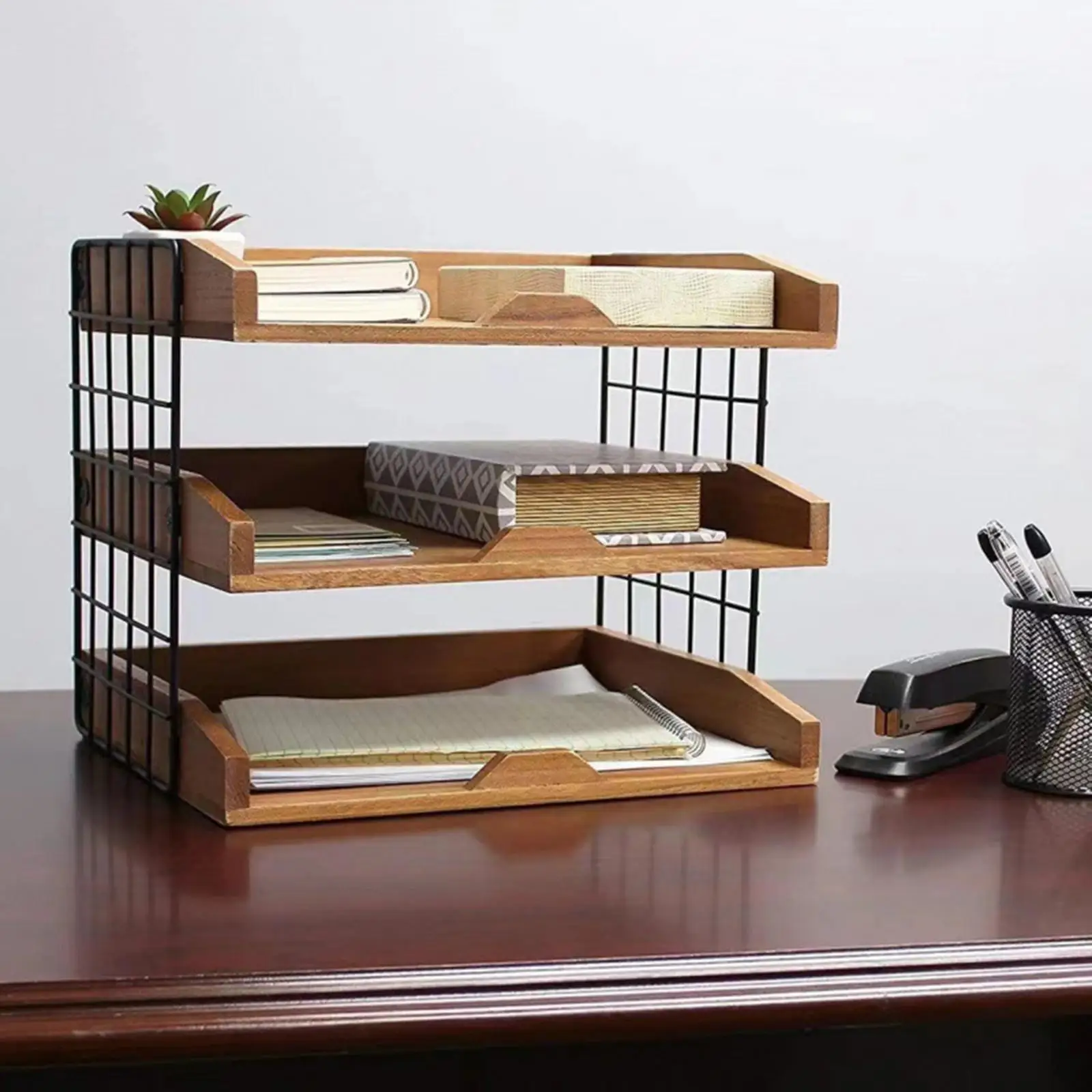 Wood Inbox Tray with Metal Frame Holder Paper Organizer File Document Storage Rack for Office Magazines Stationery Document Mail