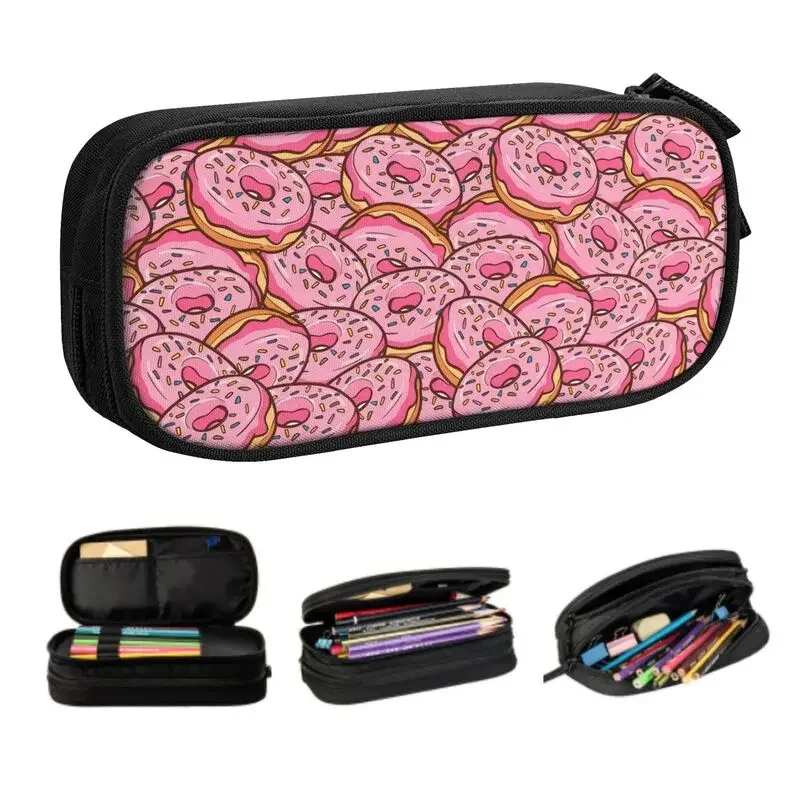 Custom Cute Pink Donuts Dessert Doughnut Pencil Cases for Boy Girl Large Storage Pencil Box Stationery