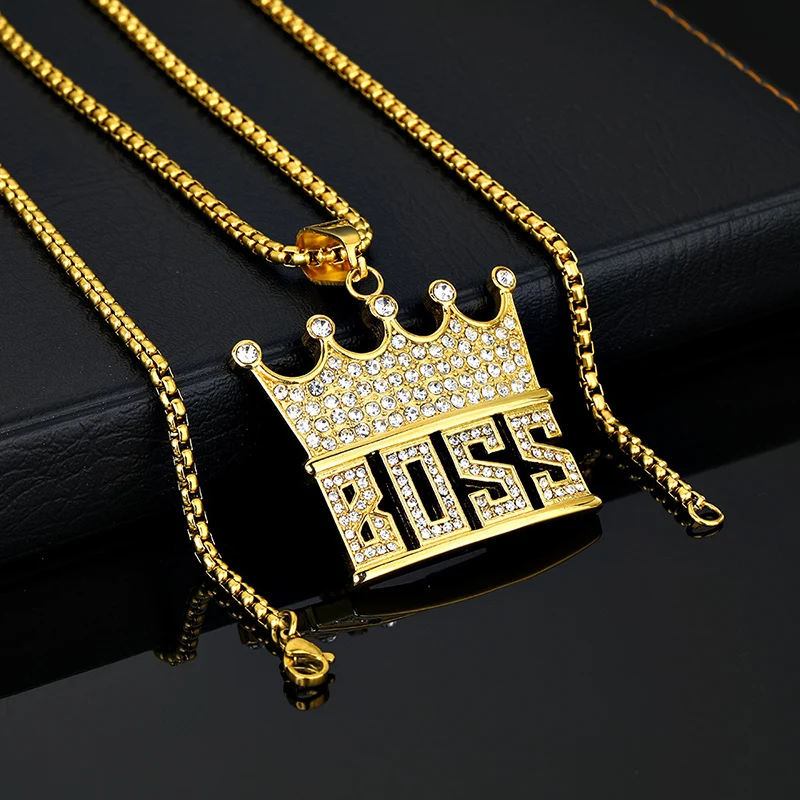 

Hip Hop Bling Iced Out Stainless Steel Crown BOSS Pendants Necklace for Men Rapper Jewelry Gold Color