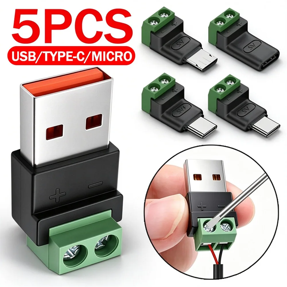 USB/Type C 2Pin Solderless Adapter USB C/Micro Male To 2Pin Crimp Terminal Charging Connector 5V Quick Connection OTG Adapter