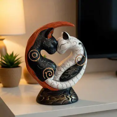 Contemporary resin sculpture featuring monochrome feline motif inspired by traditional East Asian aesthetics and ink-wash artist