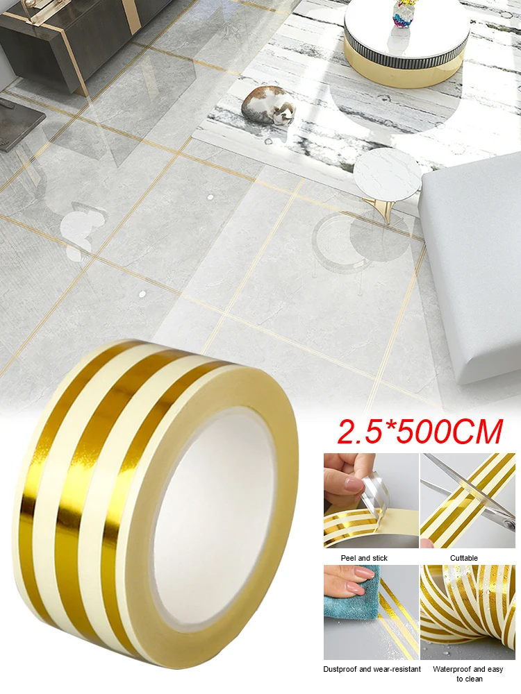 5m Home Decoration Tile Gap Tape Self-Adhesive Flooring Wall Seam Sealant Gap Filler Tape Waterproof Sealing Tile Sticker Gold