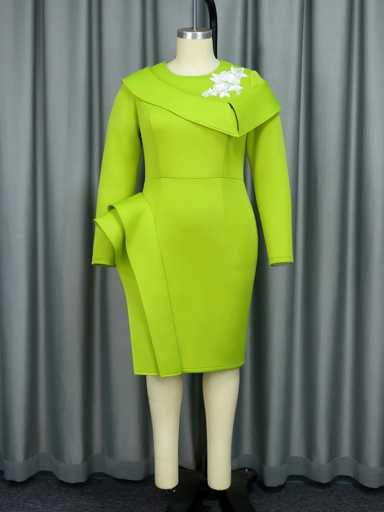 Light Green Bodycon Dresses O Neck Long Sleeve Appliques High Waist Women Evening Cocktail Party Midi Gowns for Ladies