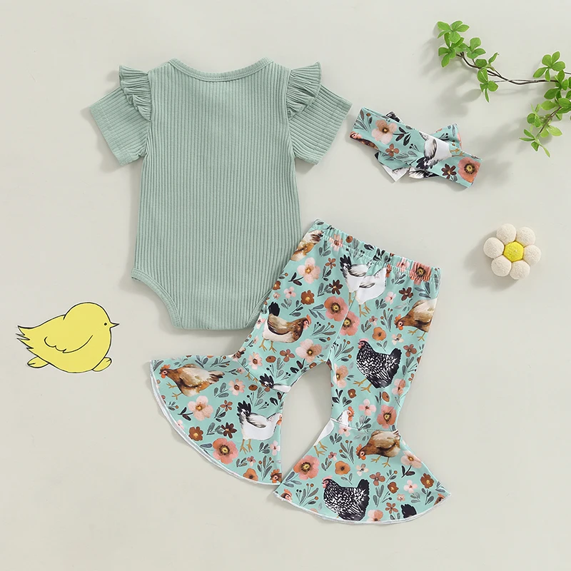 Baby Girl Romper Outfit Ribbed Ruffled Short Sleeve Jumpsuit with Floral Chick Flare Pants Headband 3Pcs Outfit