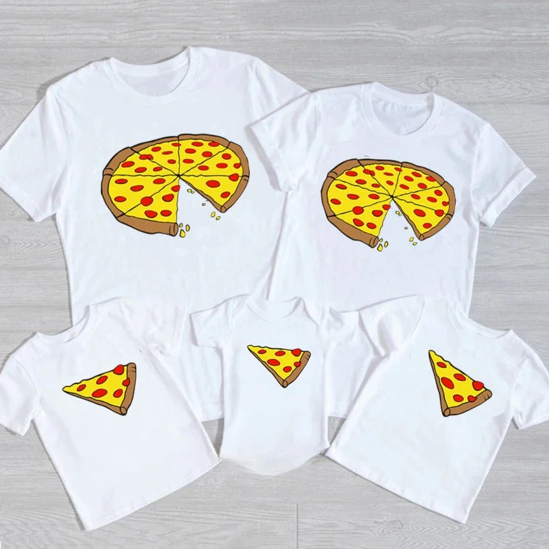 Funny Pizza and Pizza Slice Print Family Matching Shirts Cotton Dad and Daughter Son Kids Tshirts Baby Rompers Father\'s Day Gift