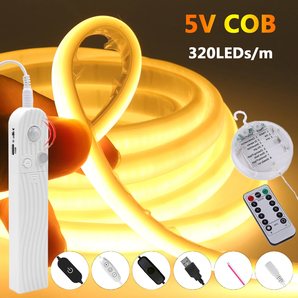 IP67 Waterproof DC5V COB Neon LED Strip Light 320LEDs/m USB Dimmer/Switch/Touch/Sensor Flex Mirror TV Backlight Kitchen Lighting
