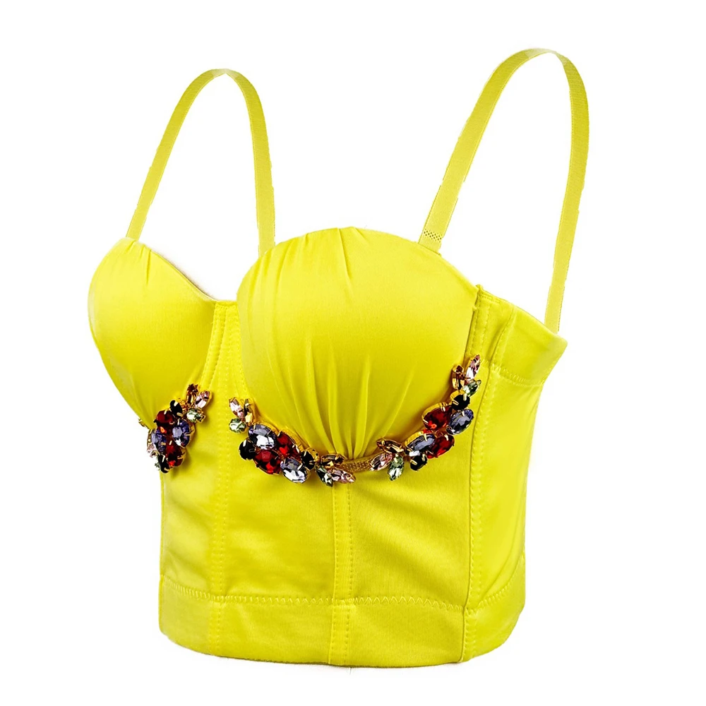 Women New Fashion Clothes Sexy Sleeveless Colourful Rhinestone Bustier Push Up Night Club Bralette Bra Cropped Top Vest Corset