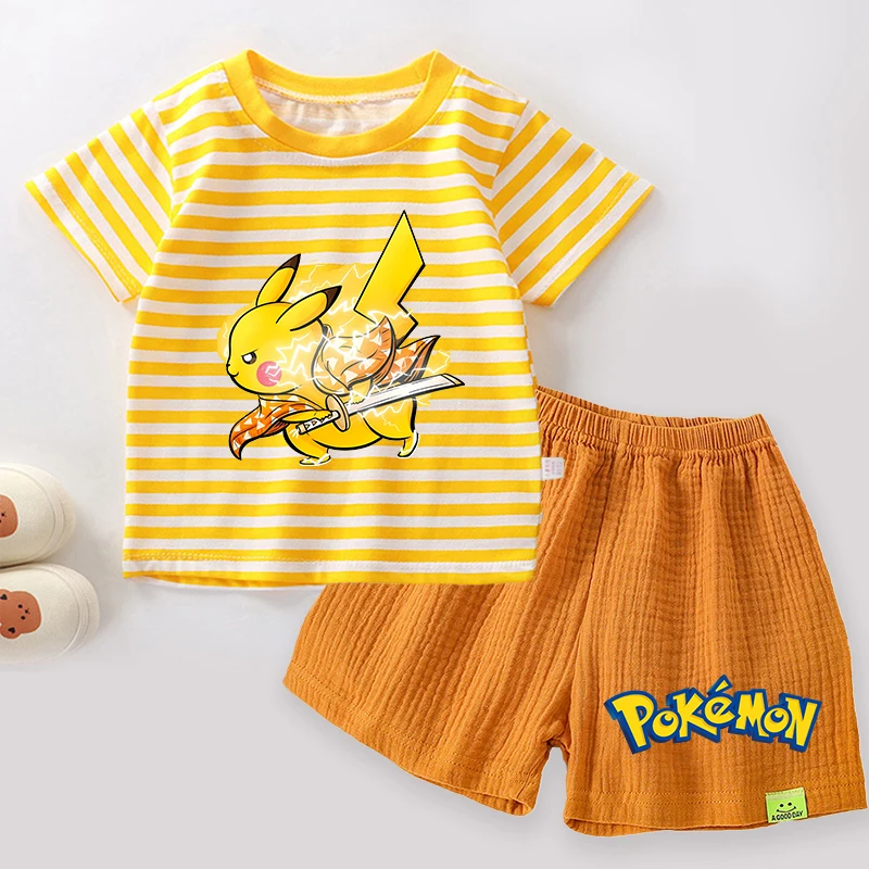 

Pokemon Children Stripe Baby T-Shirt Shorts Suit Anime Pikachu Boys Girls Tops Summer Clothes Kids Outfit Tracksuit Pajamas Sets