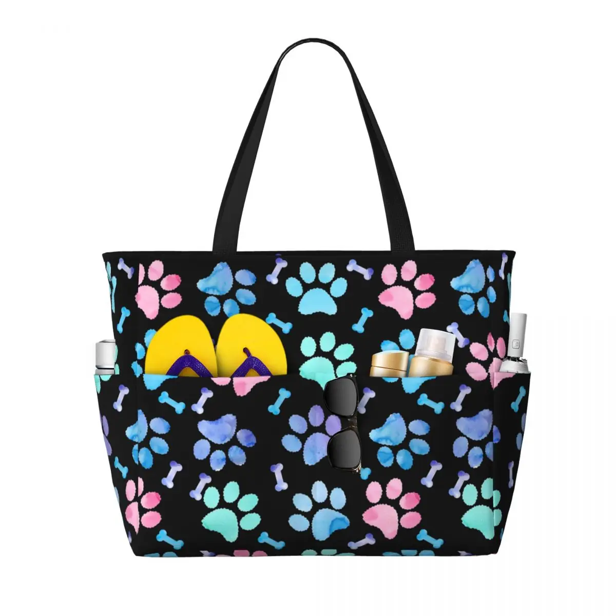 Custom Watercolor Dog Paws Pattern Beach Tote Bag Women Large Compartment Beach Gym Travel Bags