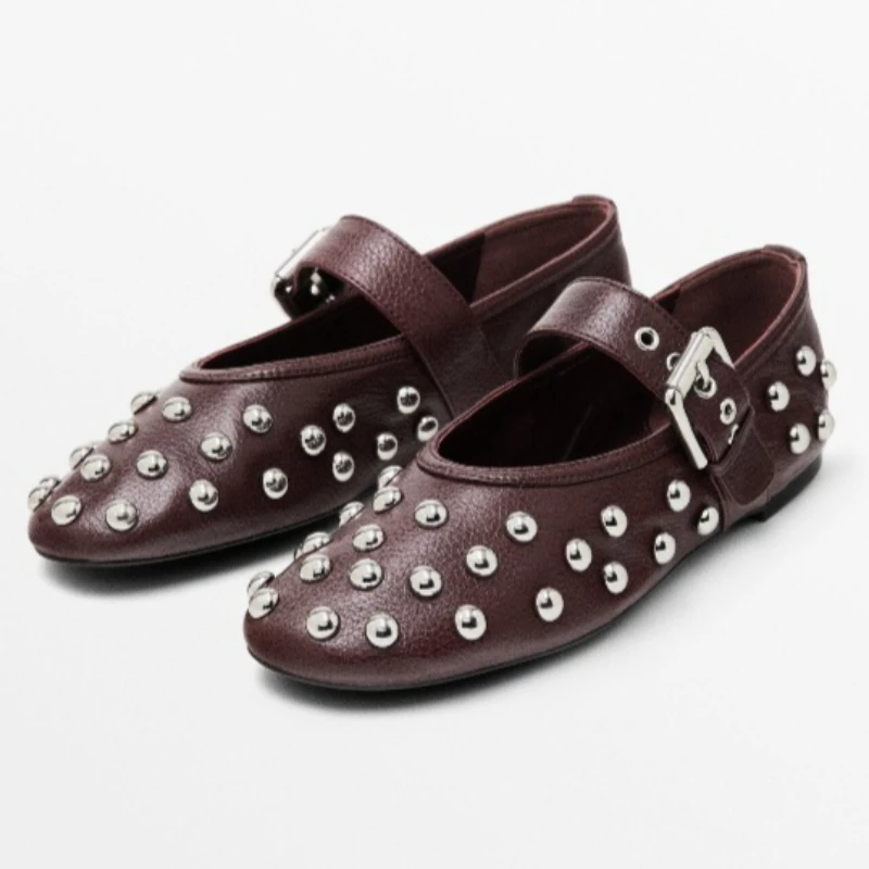 

Punk Style Rivets Decorated Ballet Flats Women Elegant Round Toe Buckle Mary Jane Shoes Comfortable Light Soft-sole Casual Shoes
