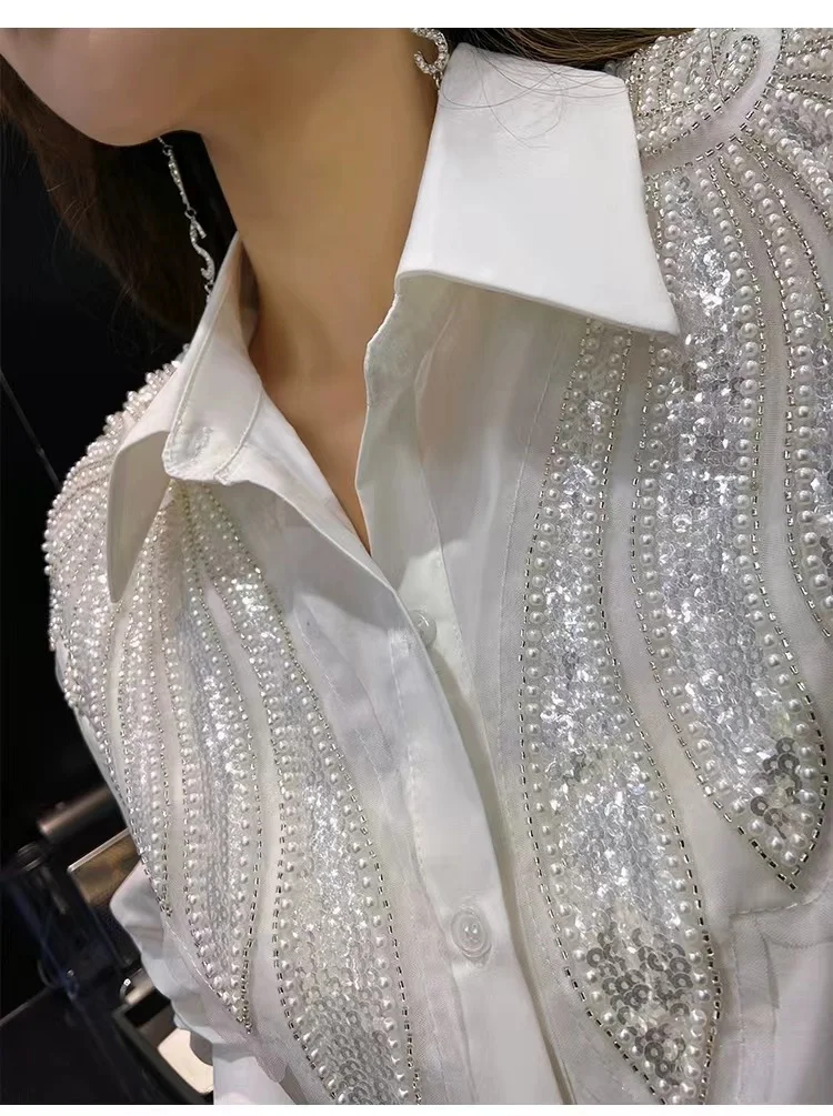 Beaded Sequined Stitch White Blouses Shirts Women 2024 Spring Autumn New In Long Sleeve Shirts Office Lady Tops Camisas De Mujer