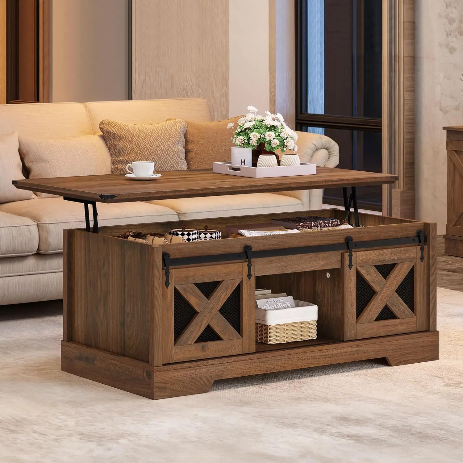 Yitahome-Farmhouse Lift Top Coffee Table com armazenamento e deslizante Groove Barn Door, mesas de café rústicas para viver