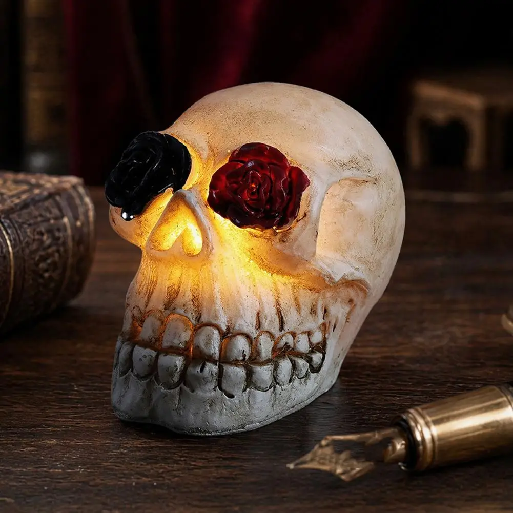 Skull Party Light Skull Lamp with Rose Flower Figurine Day of Dead Resin Skeleton Head Statue Spooky Halloween Desk Home Decor