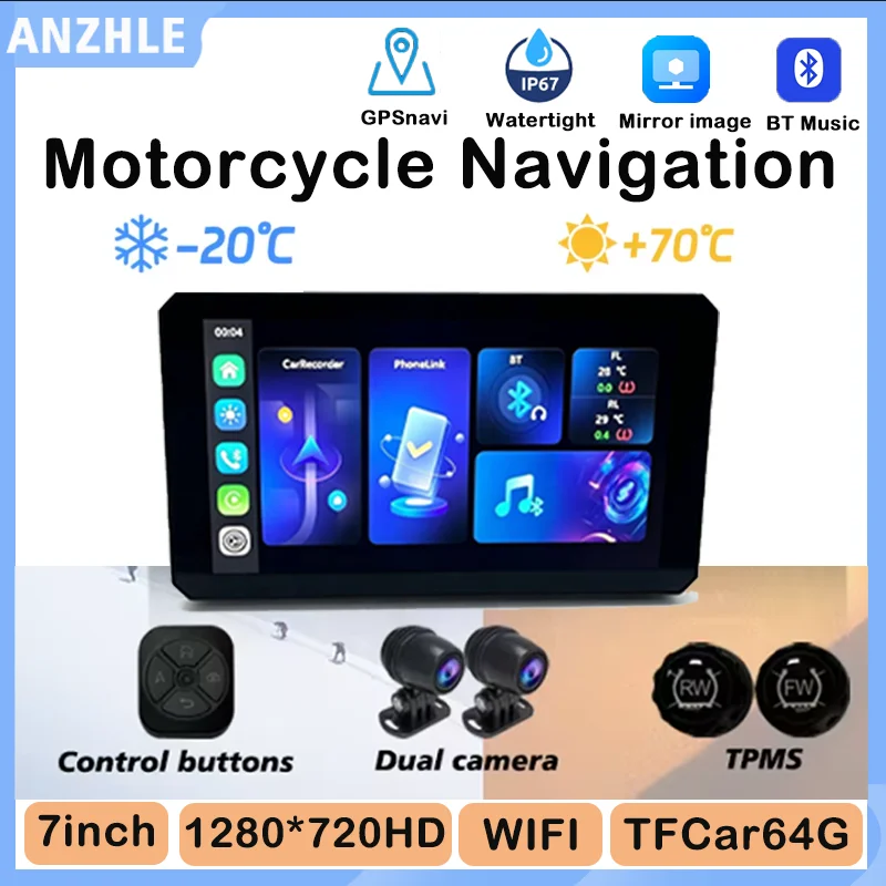 7-inch IP67 waterproof motorcycle GPS navigator, Linux system, built-in dash cam, real-time video recording, supports CarPlay.