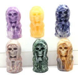 60mm Natural Stone Carved Wizard Skeleton Statue Healing Crystal Skull Sculpture Halloween Home Decoration Gemstones Crafts Gift
